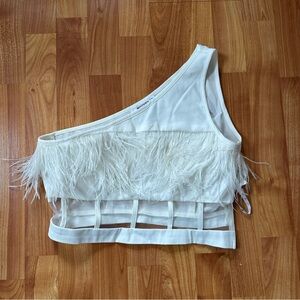 Missguided White One-Shoulder Feather-Trim Crop Top